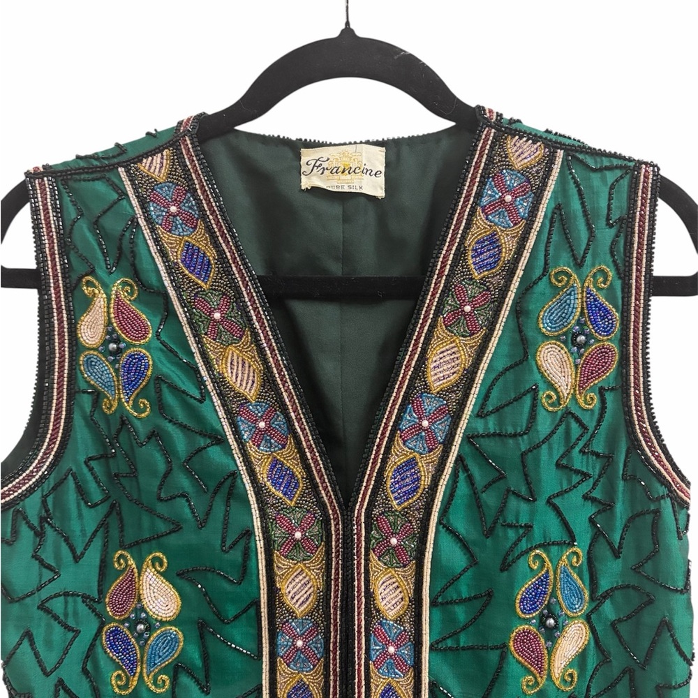 Vintage‎ Silk Beaded Vest 90s embroidered boho artsy womens small layering - Picture 2 of 7